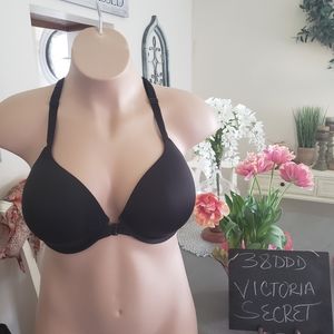 Victoria Secrets black padded front closure  lace T back bra 38DDD